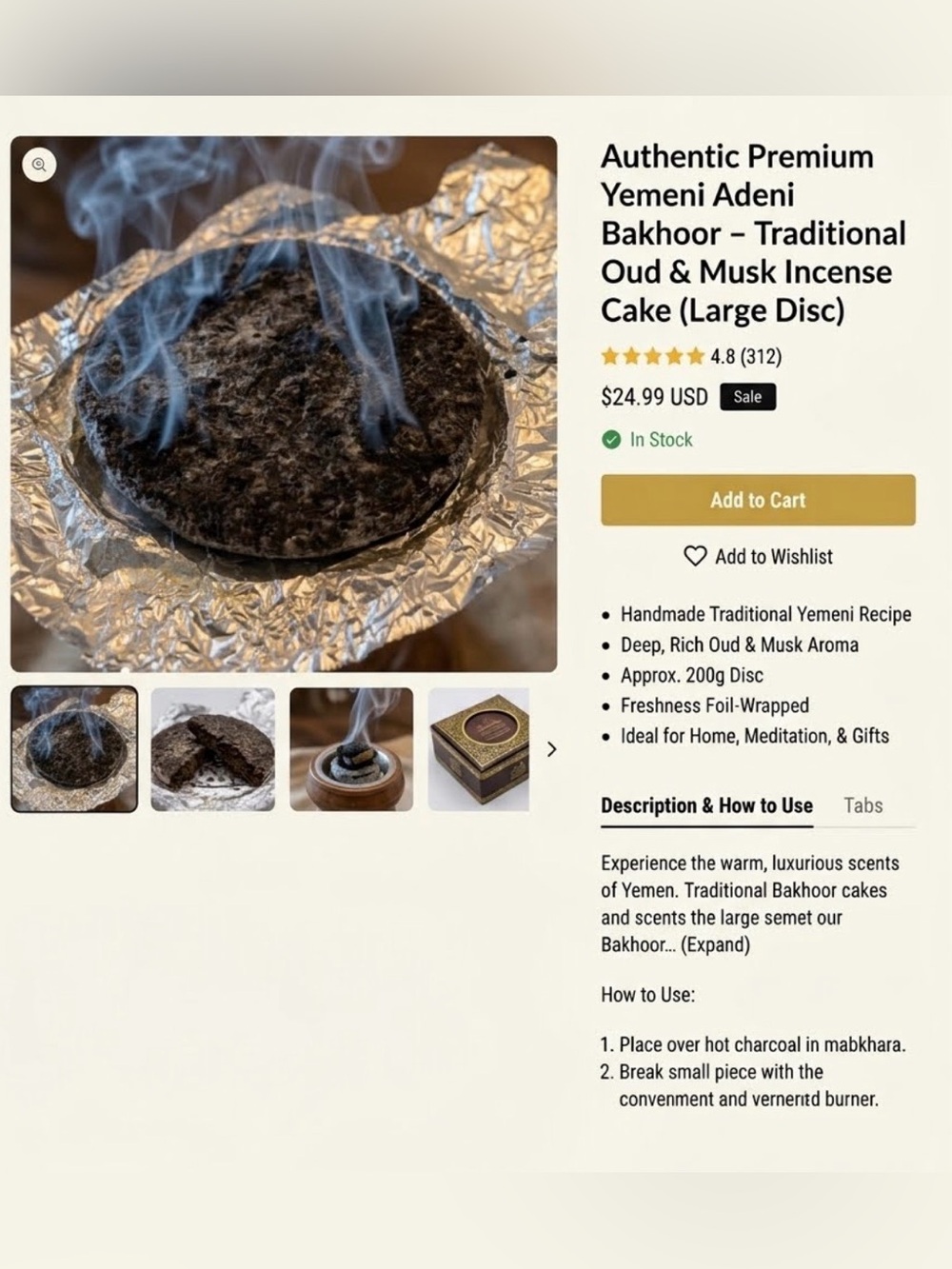 Authentic Premium Yemeni Adeni Bakhoor Oud & Musk Incense Cake - Black